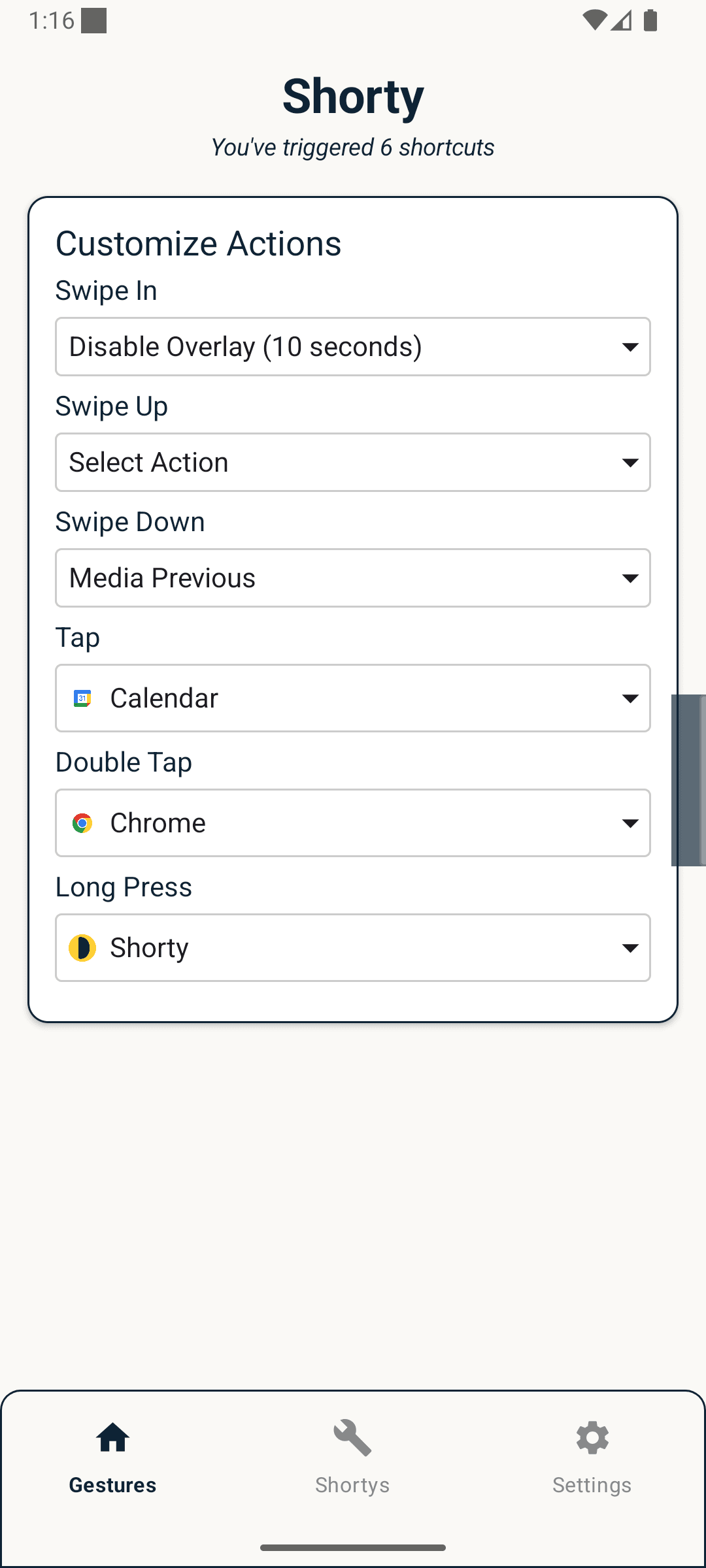 Shorty's Gestures screen, where you assign apps and actions to swipes, taps, and long presses.